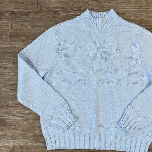 Vintage Croft and Barrow Blue Poinsetta Knitted Mock Neck Pullover Sweater (XL) - Picture 7 of 12